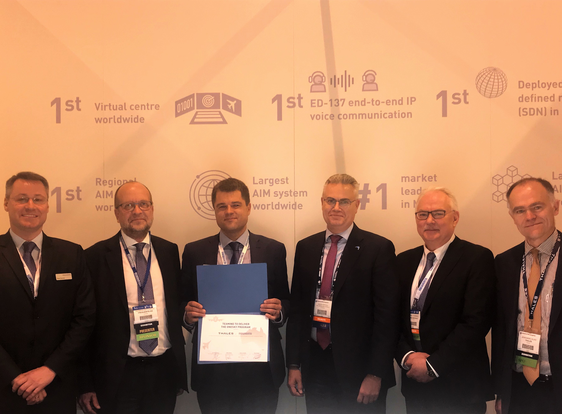Pictured left to right, Peter Skiczuk, Frequentis vice president defense; Herman Mattanovich, member of the Frequentis Executive Board; Martin Rampl, managing director, Frequentis Australasia; Jason Harfield, CEO Air Services Australia; Hannu Juurakko, Frequentis vice president ATM; Jean Marc Alias, Thales vice president ATM.