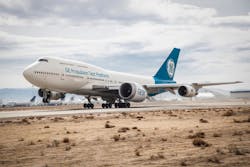 The GE9X engine takes flight in Victorville, CA, on March 13, 2018.