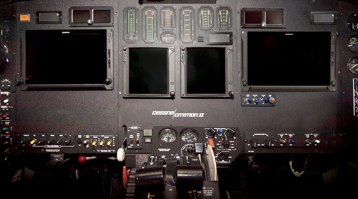 Cessna Citation II instrument panel showing JETTECH&apos;s STC&apos;d Garmin G700 TXi touchscreen display modification.