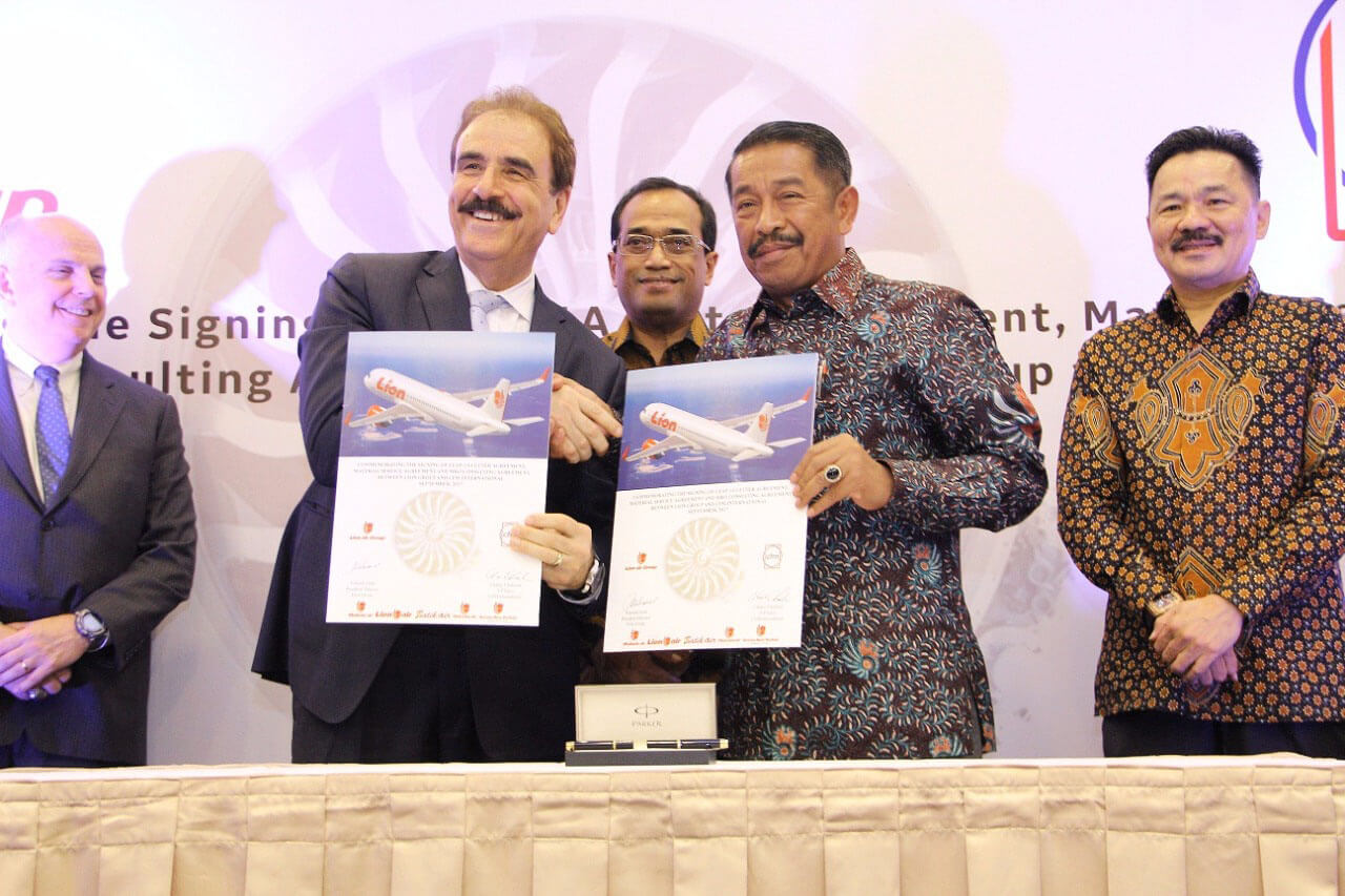 The Honorable Ambassador Joseph R. Donovan Jr, Ambassador of United States of America to Indonesia; Mr. Chaker Chahrour, vice president Global Sales and Marketing CFM parent company GE Aviation; His Excellency Budi Karya Sumadi, Minister of Transportation for the Republic of Indonesia; Mr. Edward Sirait, president director Lion Air Group; Honorable Ambassador Rusdi Kirana, Ambassador of the Republic of Indonesia to Malaysia and founder of Lion Air Group.