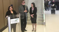 From L to R: Susan Mazrui, AT&T, frequent flier and Aria 'explorer' who uses the tech; Paul Schroeder, Aria; and Port of Seattle Commission President Courtney Gregoire.