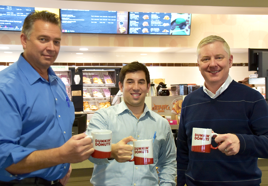 Pictured at the March 12, ribbon cutting are Bruce Leaf, onsite general manager; Wes Epstein, Metz opening support general manager; and Rick Sell, Metz vice-president of restaurant operations