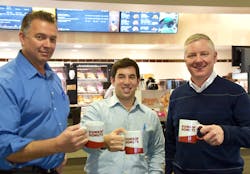 Pictured at the March 12, ribbon cutting are Bruce Leaf, onsite general manager; Wes Epstein, Metz opening support general manager; and Rick Sell, Metz vice-president of restaurant operations Pictured at the March 12, ribbon cutting are Bruce Leaf, onsite general manager; Wes Epstein, Metz opening support general manager; and Rick Sell, Metz vice-president of restaurant operations