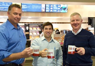 Pictured at the March 12, ribbon cutting are Bruce Leaf, onsite general manager; Wes Epstein, Metz opening support general manager; and Rick Sell, Metz vice-president of restaurant operations