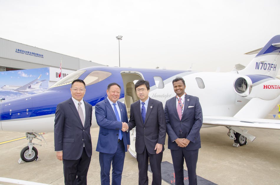 CEO of Honsan General Aviation Co. Ltd. Dr. Cheng Qian, Chairman of Honsan General Aviation Co. Ltd. Mr. Zhou Yuxi, Honda Aircraft Company President and CEO Mr. Michimasa Fujino and Honda Aircraft Company Sales Director Mr. Vishal Hiremath.