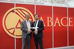 Luca Madone K5 Aviation and Johan van Dorst Fokker Techniek at ABACE 2018. Luca Madone K5 Aviation and Johan van Dorst Fokker Techniek at ABACE 2018.