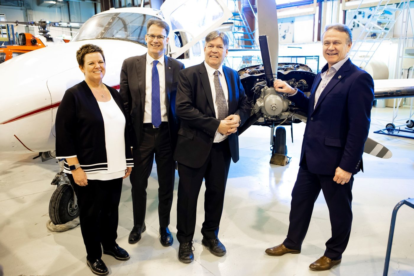 Anticipating growth in its aviation maintenance programs, Red River College has purchased a Winnipeg hangar that it has been leasing for years. Present at the announcement were (L-R) Kim Westenskow, GM, Boeing Canada Winnipeg; Paul Vogt, president and CEO of Red River College; Ian Wishart, Manitoba Minister of Education and Training; and Tom Kleysen, The Kleysen Group.