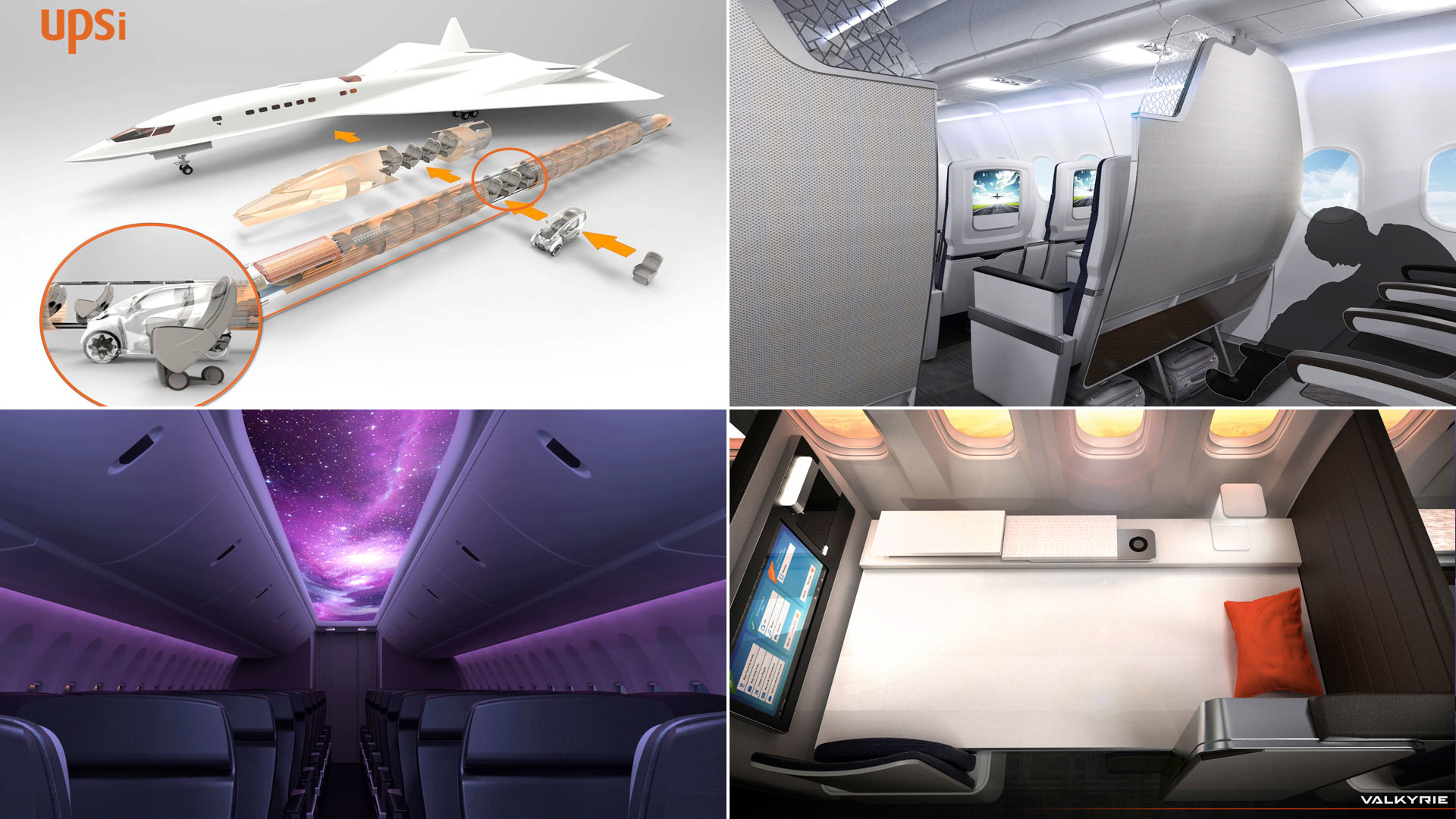 The 2018 Crystal Cabin Award finalists from Rockwell Collins are (starting at the top left and continuing clockwise): UPSi, Silhouette MOVE&trade;, Secant Luminous Panel and Valkyrie Bed.
