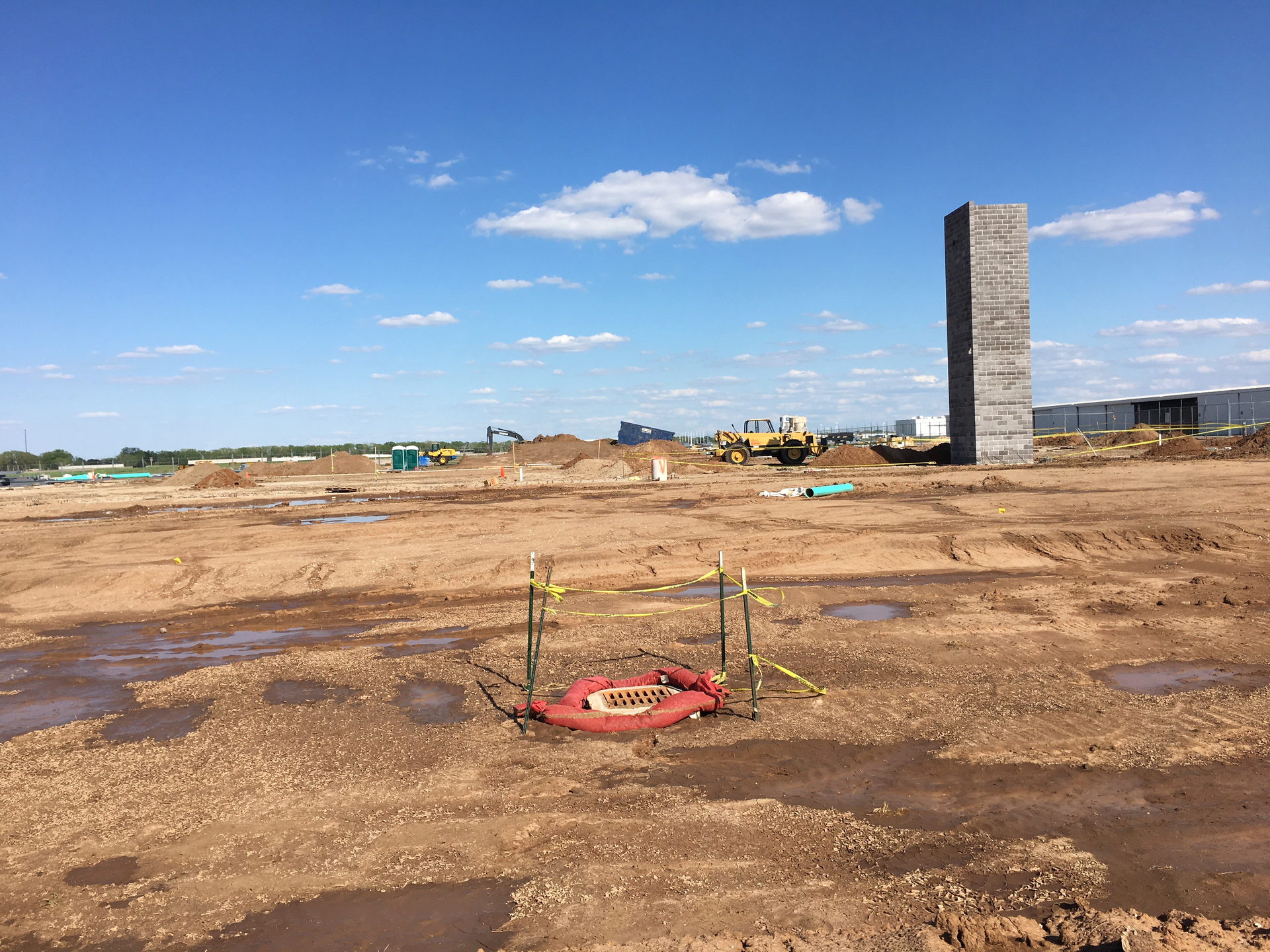Construction at the B-29 Doc Hangar and Education Center as of Friday, May 4. The ADA elevator shaft can be seen rising from the foundation in this photo.