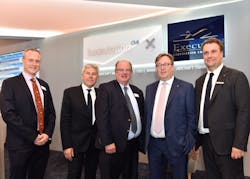 From left to right: Thinus Svendsen, Sales Director, GoDirect, Honeywell Aerospace; Bernard Guillot, Sales Manager, Connectivity, Honeywell Aerospace; Randy Anderson, Aerospace Leader – EMEAI, Honeywell; Patrick Hansen, CEO, Luxaviation Group; David van den Langenbergh, Chief Technical Officer, Luxaviation Group. From left to right: Thinus Svendsen, Sales Director, GoDirect, Honeywell Aerospace; Bernard Guillot, Sales Manager, Connectivity, Honeywell Aerospace; Randy Anderson, Aerospace Leader – EMEAI, Honeywell; Patrick Hansen, CEO, Luxaviation Group; David van den Langenbergh, Chief Technical Officer, Luxaviation Group.