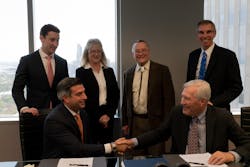 Left, Mr. Neil Book, President and CEO of JSSI; on the right is Mr. Bill de Decker, cofounder of Conklin & de Decker. Standing from left to right: Jason Schwab – JSSI President of Advisory Services, Nel Stubbs – partner Conklin & de Decker, Brandon Battles – partner Conklin & de Decker, David Wyndham – partner Conklin & de Decker. Left, Mr. Neil Book, President and CEO of JSSI; on the right is Mr. Bill de Decker, cofounder of Conklin & de Decker. Standing from left to right: Jason Schwab – JSSI President of Advisory Services, Nel Stubbs – partner Conklin & de Decker, Brandon Battles – partner Conklin & de Decker, David Wyndham – partner Conklin & de Decker.