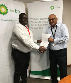 Left to right, Jacob Kakunu aviation business development manager Africa Vivo Energy and Anthony Leon general manager Air BP Southern Africa