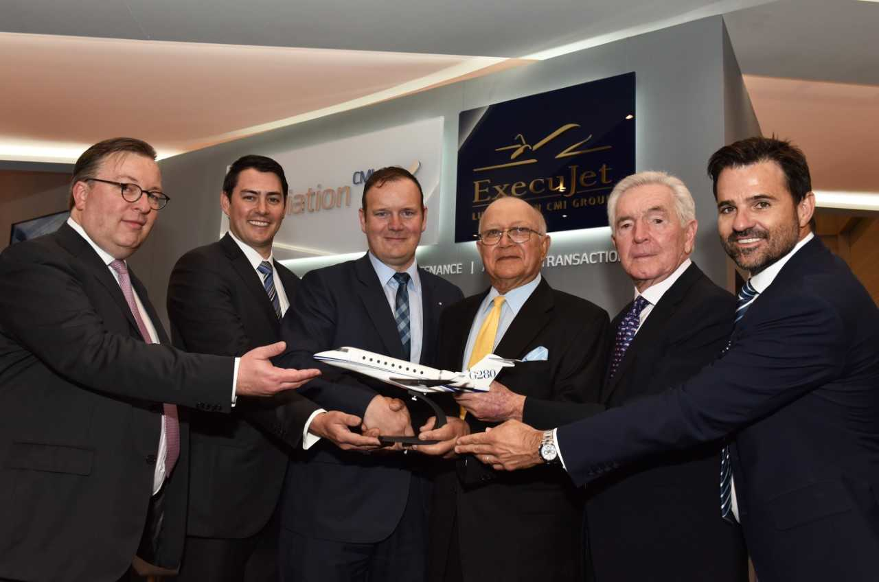 From left to right: Patrick Hansen, CEO Luxaviation; Garett Jerde, Managing Director, JetHQ; Allan Stanton, President of Sales, Jet HQ; Christophe Lapierre, Chief Commercial Officer Luxaviation; Ted Farid, Chairman, Jet HQ; and Gene Rainville, Chief Advisor, Jet HQ.