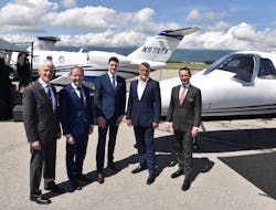 At Textron Aviation’s EBACE 2018 static display from left to right: Tom Perry, regional vice president of European Sales, Textron Aviation; Lee McConnell, director of operations management, ORTAC; Christian Jones, ground operations manager, ORTAC; Tobi Mathews, director of airworthiness management, ORTAC; Ashley Namihas, regional sales director, Textron Aviation. At Textron Aviation’s EBACE 2018 static display from left to right: Tom Perry, regional vice president of European Sales, Textron Aviation; Lee McConnell, director of operations management, ORTAC; Christian Jones, ground operations manager, ORTAC; Tobi Mathews, director of airworthiness management, ORTAC; Ashley Namihas, regional sales director, Textron Aviation.