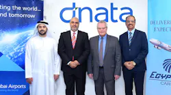 dnata and Dubai Airports welcome EgyptAir’s first cargo flight in Dubai. From left to right: Faisal Al Mulla (Director - Cargo Business Management, Dubai Airports), Sherif Sabry Morsi (Dubai Cargo Manager, EGYPTAIR Cargo), Bernd Struck (Senior Vice President - UAE Cargo & DWC Airline Services, dnata), Prakash Menon (Business Development Director-Link Global Logistics FZE/GSSA, EGYPTAIR Cargo-UAE).