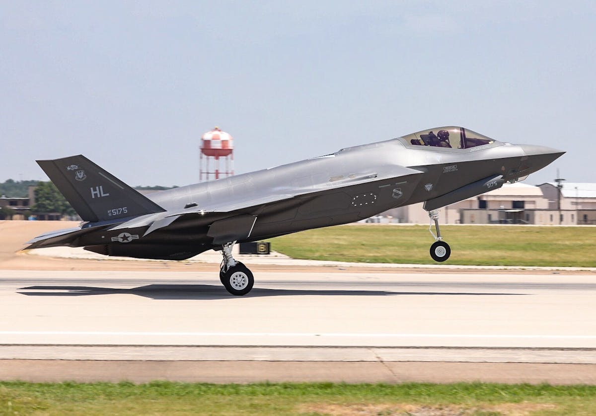 The 300th production F-35 aircraft flies off the flight line at Lockheed Martin in Fort Worth, Texas.