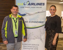 From left: Thomas Jones, ViaAir Austin Station Manager, and Susana Carbajal, Assistant Director, Austin-Bergstrom International Airport, announced new nonstop service between Austin and Amarillo, Texas. ViaAir announced last week the start of Austin-Baton Rouge, Louisiana nonstop service. From left: Thomas Jones, ViaAir Austin Station Manager, and Susana Carbajal, Assistant Director, Austin-Bergstrom International Airport, announced new nonstop service between Austin and Amarillo, Texas. ViaAir announced last week the start of Austin-Baton Rouge, Louisiana nonstop service.
