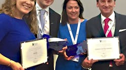 London Oxford Airport&rsquo;s Head of Business Development James Dillon-Godfray far right celebrates with fellow winners from AVIA&Acirc; - Gillian Hayes, CEO (left); Cameron Dillon-Godfray, Sales Executive and Stacey Tucker, Finance Director