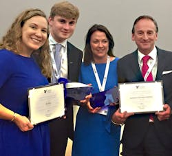 London Oxford Airport&rsquo;s Head of Business Development James Dillon-Godfray far right celebrates with fellow winners from AVIA&Acirc; - Gillian Hayes, CEO (left); Cameron Dillon-Godfray, Sales Executive and Stacey Tucker, Finance Director