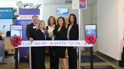 From left to right, Back row – Dan Connolly and Catherine Hendrix, Airport Commission; Front row – Judy Ross, SJC Assistant Director of Aviation; Delta’s Dana Debel, Managing Director, State & Local Government Affairs and Lisa Harbeson, SJC Station Manager.