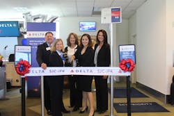 From left to right, Back row – Dan Connolly and Catherine Hendrix, Airport Commission; Front row – Judy Ross, SJC Assistant Director of Aviation; Delta’s Dana Debel, Managing Director, State & Local Government Affairs and Lisa Harbeson, SJC Station Manager. From left to right, Back row – Dan Connolly and Catherine Hendrix, Airport Commission; Front row – Judy Ross, SJC Assistant Director of Aviation; Delta’s Dana Debel, Managing Director, State & Local Government Affairs and Lisa Harbeson, SJC Station Manager.