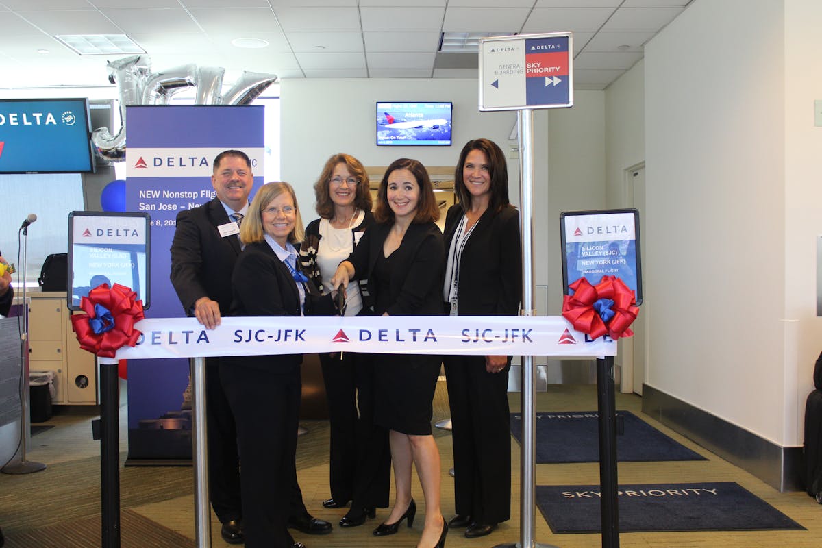 From left to right, Back row &ndash; Dan Connolly and Catherine Hendrix, Airport Commission; Front row &ndash; Judy Ross, SJC Assistant Director of Aviation; Delta&rsquo;s Dana Debel, Managing Director, State &amp; Local Government Affairs and Lisa Harbeson, SJC Station Manager.