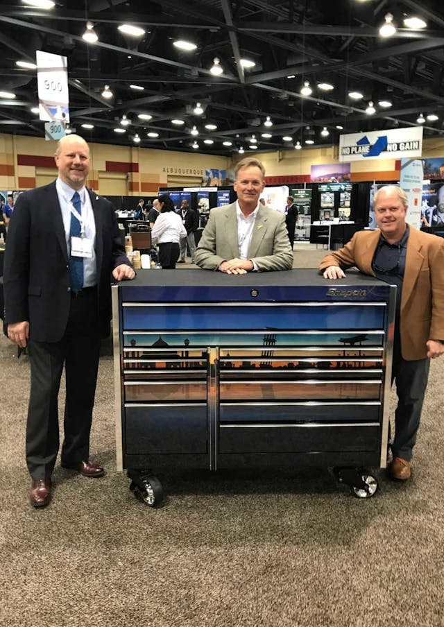 L-to-R: John Loh, senior director of customer experience, Dassault Falcon; Scott Steward, business development manager-Aerospace/Aviation, Snap-on Industrial; Todd Duncan, chairman, Duncan Aviation.