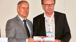 Right to Left, Siegfried Axtmann, FAI Founder and Group Chairman proudly accepts his Diamond Award, presented by EBAA’s Chairman, Mr. Juergen Wiese.