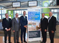 From left to right, Klaus Marx, vice president marketing & sales Flughafen Paderborn/Lippstadt GmbH; District Administrator Manfred Mueller, chairman of the supervisory board at the airport company; Christian Schneider, chief commercial officer Adria Airways; Marc Cezanne, managing director Flughafen Paderborn/Lippstadt GmbH;and Roland Hüser, commercial manager Flughafen Paderborn/Lippstadt GmbH.