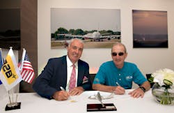 Left: Dave Jackson, CEO of 328 Support Services GmbH, with Chris Stern, General Manager, AMC Aviation, at Farnborough Airshow last week. Left: Dave Jackson, CEO of 328 Support Services GmbH, with Chris Stern, General Manager, AMC Aviation, at Farnborough Airshow last week.