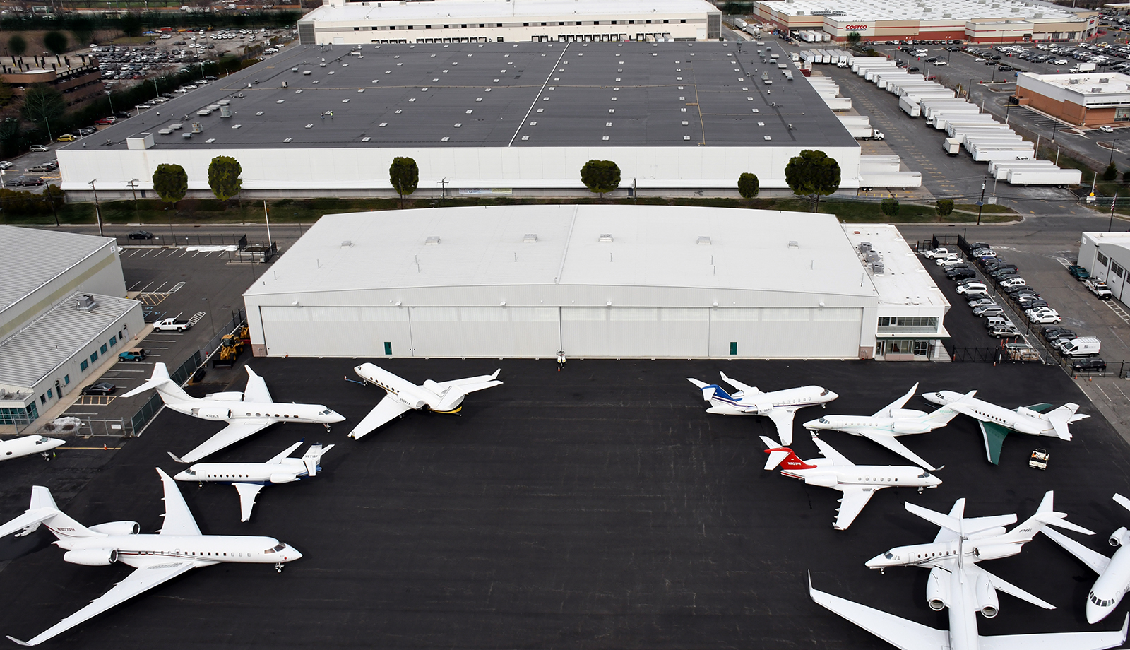 An aerial view of Meridian&rsquo;s new Hangar 12 at Teterboro Airport.