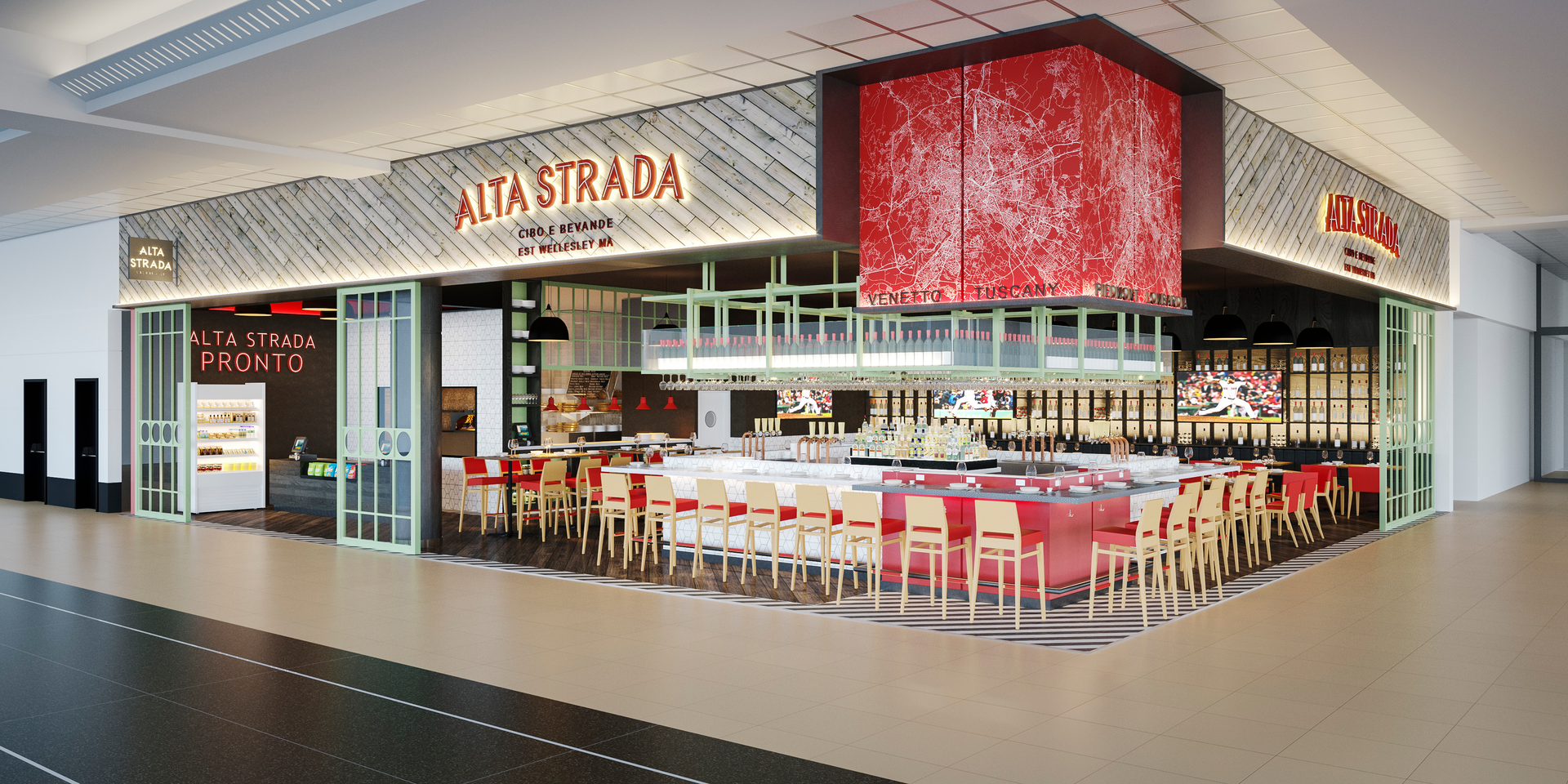 Alta Strada, featuring hallmark attentive staff serving authentic antipasti, crispy thin crust pizza, sandwiches with house made ingredients, fresh inspired salads, traditional pastas and entrees such as Bolognese, roasted pork loin and grilled NY strip with elevated accompaniments. Includes walk-up counter, table service and full bar.