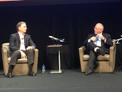 Spirit Airlines CEO Bob Fornaro, left, talks with Boyd Group International President Michael Boyd about the state of his airline and the impact it's having on commercial airport traffic. Spirit Airlines CEO Bob Fornaro, left, talks with Boyd Group International President Michael Boyd about the state of his airline and the impact it's having on commercial airport traffic.