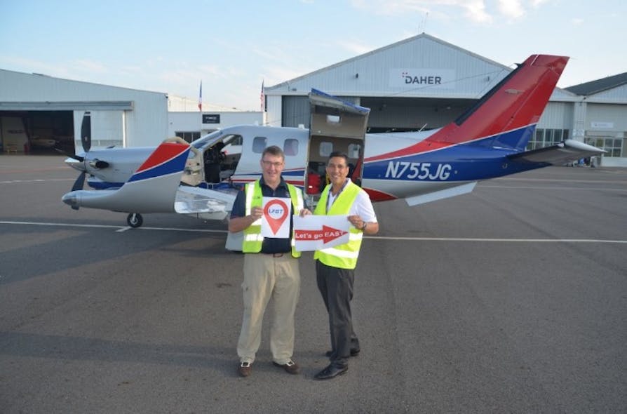 John Giddens, TBM owner, with Mark Diaz, Daher TBM director of sales, departed Tarbes-Lourdes-Pyrenees airport, destination New Delhi.