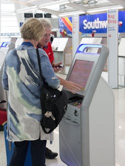 The self-service kiosks are located in the American and Southwest ticketing areas of the Indy airport. The self-service kiosks are located in the American and Southwest ticketing areas of the Indy airport.