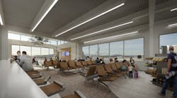 Connected to the Fentress-designed Terminal B on the south end, the budgeted $58 million facility will include five gates with passenger boarding bridges, a sixth gate position to be ground loaded, a 15,000-square-foot, 550-person hold room, and additional concession space.