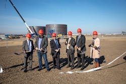 The ribbon is cut with shovels to mark the official ground breaking/ribbon cutting (halfway between start and completion of construction) of the new air cargo fuel tank farm at EIA. Left to right: Alex Lowe, EIA Manager, Cargo Service Development, Shaye Anderson, Alberta Minister of Municipal Affairs, Lyle Witkowicz, Regional Operations Manager for Shell Aviation in the Americas, Tom Ruth, EIA President and CEO, Bob Young, Mayor of the City of Leduc and Tanni Doblanko, Mayor of Leduc County. The ribbon is cut with shovels to mark the official ground breaking/ribbon cutting (halfway between start and completion of construction) of the new air cargo fuel tank farm at EIA. Left to right: Alex Lowe, EIA Manager, Cargo Service Development, Shaye Anderson, Alberta Minister of Municipal Affairs, Lyle Witkowicz, Regional Operations Manager for Shell Aviation in the Americas, Tom Ruth, EIA President and CEO, Bob Young, Mayor of the City of Leduc and Tanni Doblanko, Mayor of Leduc County.