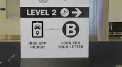 An example of the new Ride App Pickup icon in Terminal 2's baggage claim area, with instructions on how to find the nearest ride app pickup area.