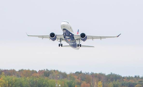 Delta Air Lines&rsquo; first A220-100 takes off from Mirabel, Qu&eacute;bec.