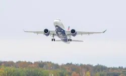 Delta Air Lines’ first A220-100 takes off from Mirabel, Québec.