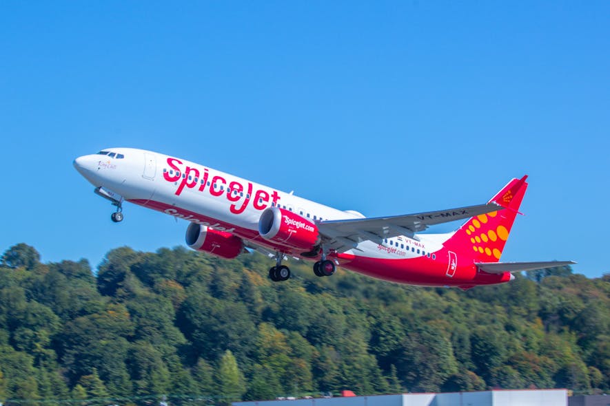 SpiceJet&apos;s first 737 MAX 8 takes-off from Boeing Field in Seattle, Washington