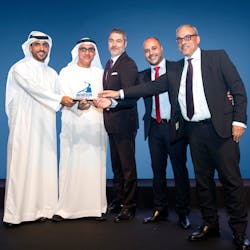 Etihad Airways Engineering celebrates a double-win at the Aviation Business Awards 2018. Left to right: Mansoor Janahi (award sponsor) presents the award to Saleh Al Amoudi, Frederic Dupont, Elie Dib and Haytham Nasir representing Etihad Airways Engineering.
