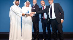 Etihad Airways Engineering celebrates a double-win at the Aviation Business Awards 2018. Left to right: Mansoor Janahi (award sponsor) presents the award to Saleh Al Amoudi, Frederic Dupont, Elie Dib and Haytham Nasir representing Etihad Airways Engineering.