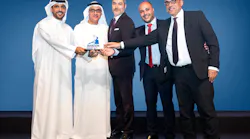 Etihad Airways Engineering celebrates a double-win at the Aviation Business Awards 2018. Left to right: Mansoor Janahi (award sponsor) presents the award to Saleh Al Amoudi, Frederic Dupont, Elie Dib and Haytham Nasir representing Etihad Airways Engineering.