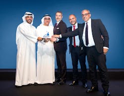Etihad Airways Engineering celebrates a double-win at the Aviation Business Awards 2018. Left to right: Mansoor Janahi (award sponsor) presents the award to Saleh Al Amoudi, Frederic Dupont, Elie Dib and Haytham Nasir representing Etihad Airways Engineering. Etihad Airways Engineering celebrates a double-win at the Aviation Business Awards 2018. Left to right: Mansoor Janahi (award sponsor) presents the award to Saleh Al Amoudi, Frederic Dupont, Elie Dib and Haytham Nasir representing Etihad Airways Engineering.