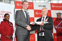 Roel Huinink, President and CEO of JFKIAT and Michael Joseph, Kenya Airways Chairman celebrate Kenya Airways' inaugural flight with a celebratory ribbon cutting on October 29. Roel Huinink, President and CEO of JFKIAT and Michael Joseph, Kenya Airways Chairman celebrate Kenya Airways' inaugural flight with a celebratory ribbon cutting on October 29.
