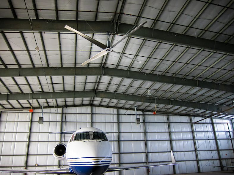 HVLS fans are capable of covering a large area and those benefits are only more pronounced in taller buildings, as the air it pushes toward the ground only widens in a conical shape.