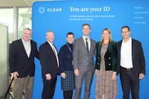 Left to right: Frank DiMola, Executive Director, Terminal Four Airline Consortium (TFAC); John Bambury, Federal Security Director of JFK Airport, TSA; Stephanie Baldwin, Vice President of JFK Airport Operations, Delta Air Lines; Roel Huinink, President and CEO, JFKIAT; Caryn Seidman-Becker, Chairman and CEO, Clear; Ken Cornick, President, Clear.