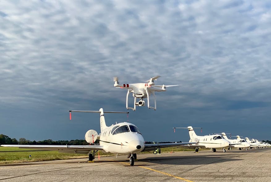 Image of a DJI Phantom Drone flying at the Golden Triangle Regional Airport.