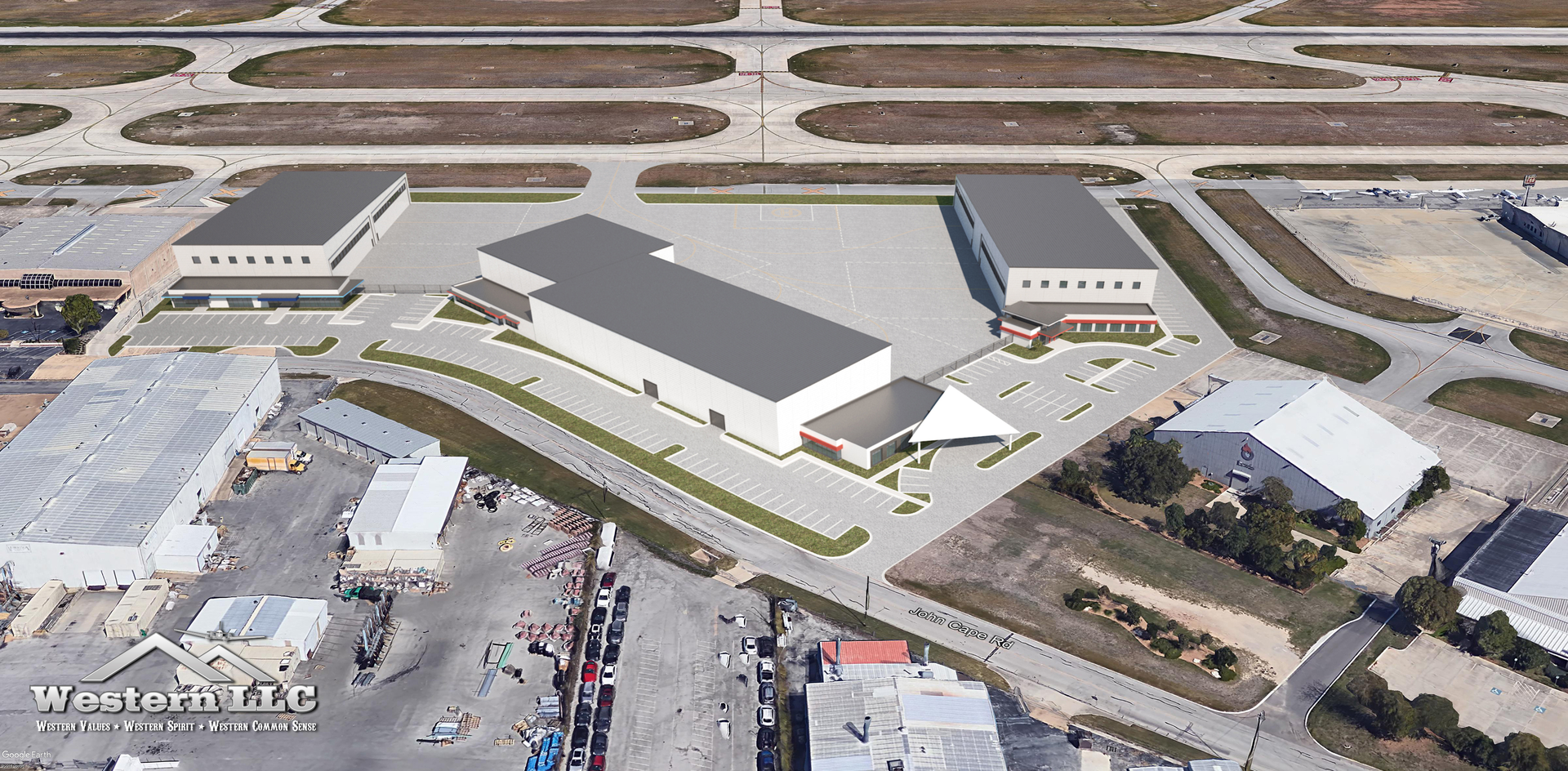 The redevelopment of the 8.87-acre Hawker Beechcraft parcel located off John Cape Road will feature seven hangars totaling 100,280 SF ranging in size from 12,000 sf to over 15,000, 28&rsquo; tall doors, and over 25,000 SF of attached offices.